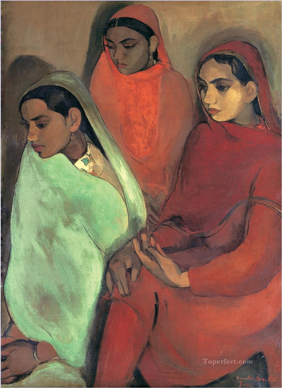 アムリタ シャー ギル インド人 3 人の女の子のグループ油絵